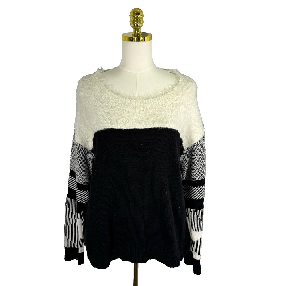 Vince Camuto Two By Vince Sweater Fuzzy Pullover Mixed Media Womens Large NEW‎